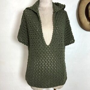 Mossimo XXL Olive Green Crochet Open Knit Hooded Poncho Sweater Cotton